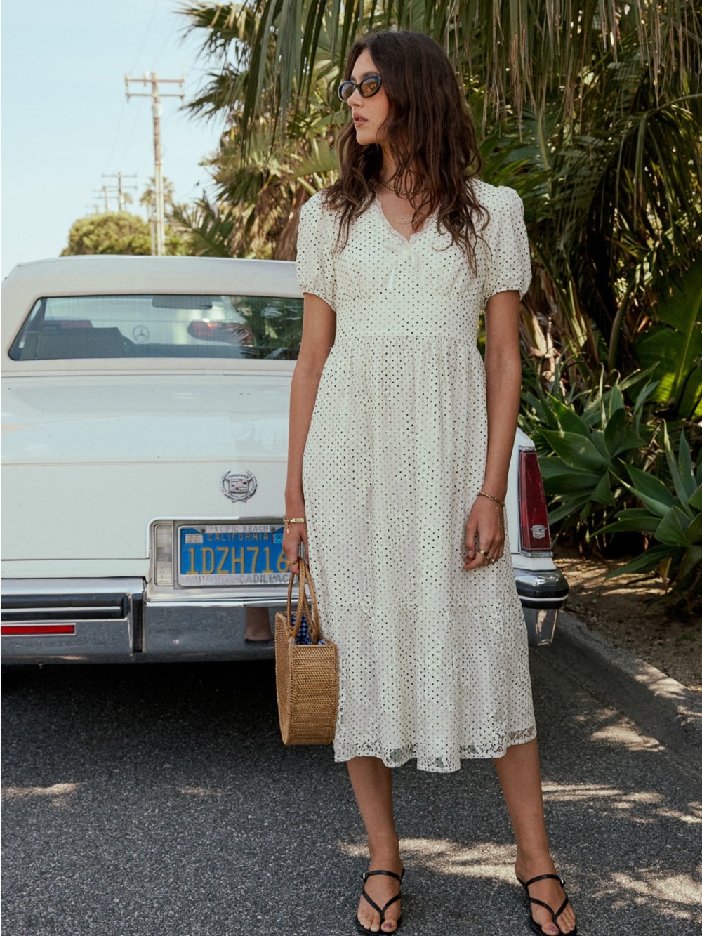 Bohme Ivory Polka Dot Puff-Sleeve Midi Dress